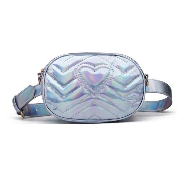 LH6834 - Miss Lulu Quilted Heart and Chevron Cross Body and Bum Bag - Iridescent Light Blue